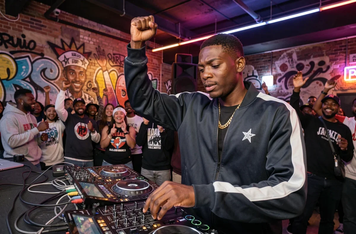 K-Rukéra, DJ spécialisé musiques urbaines et afro, en pleine performance dans un club urbain avec une foule en mouvement derrière lui