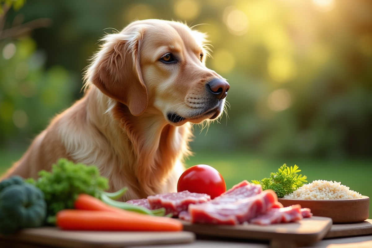 Labrador dans le jardin avec ingrédients frais pour repas sain