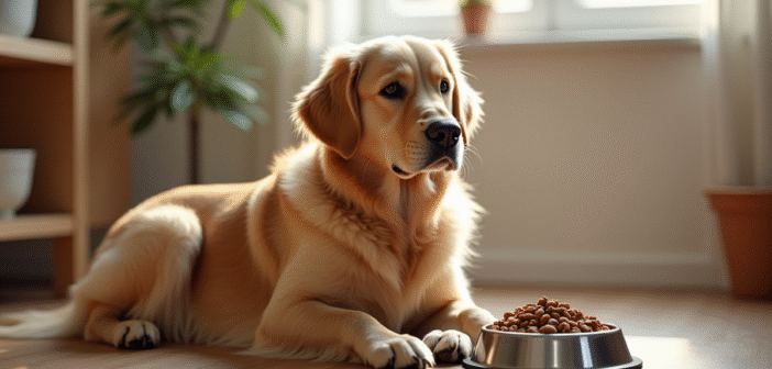 Labrador à long poil assis dans la cuisine en lumière naturelle