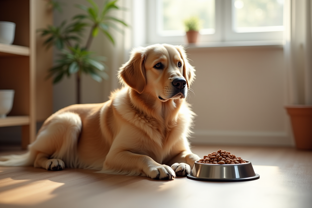 Labrador à long poil assis dans la cuisine en lumière naturelle