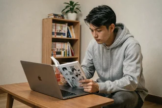 Jeune homme lisant des mangas en ligne sur son ordinateur portable dans un appartement cosy de style japonais