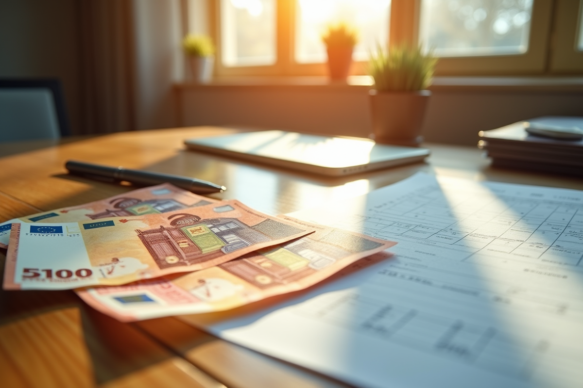 Pile de billets de 50 euros sur un bureau en bois