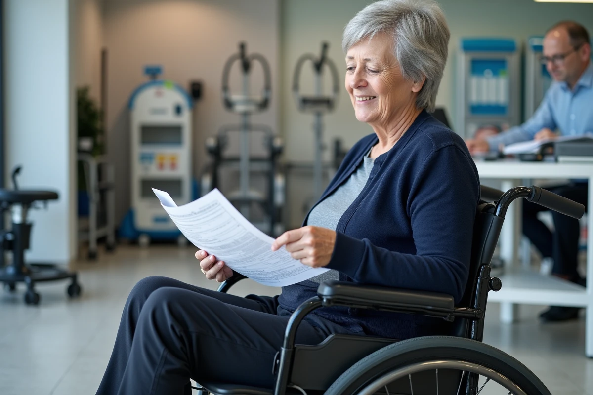 Femme âgée en fauteuil roulant manuel consultant un contrat de location dans un magasin de matériel médical