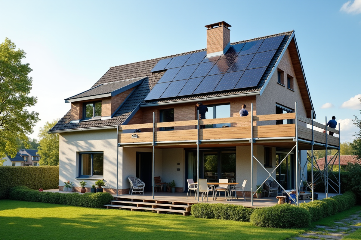 Travailleurs installant panneaux solaires sur maison écologique