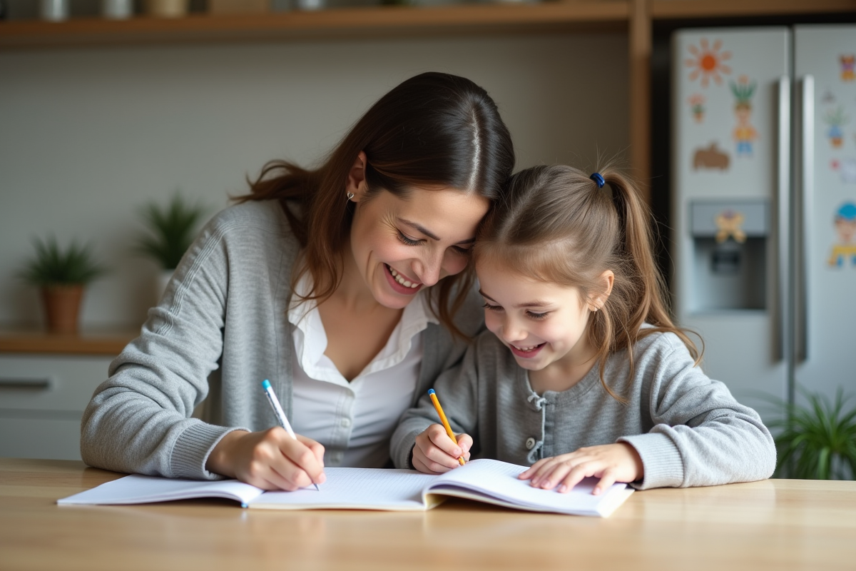 Femme aidant sa fille à faire ses devoirs à la maison