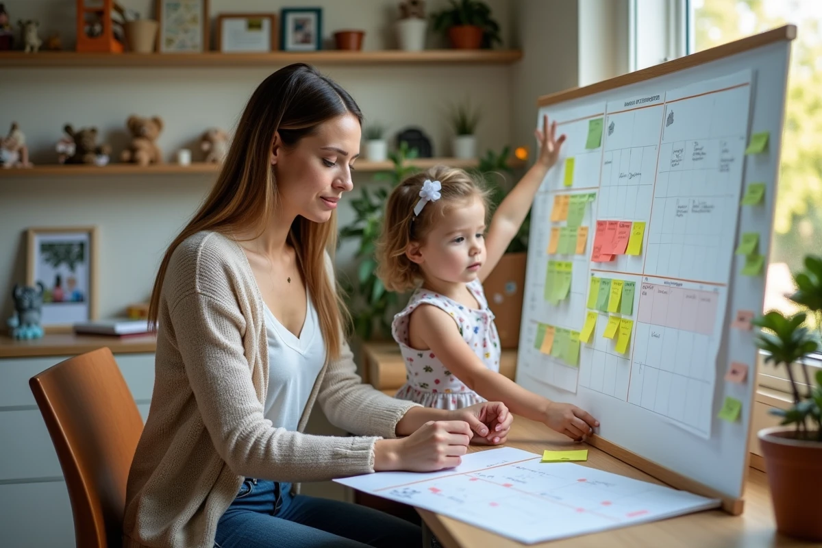 Maman et enfant organisant un planning familial à la maison
