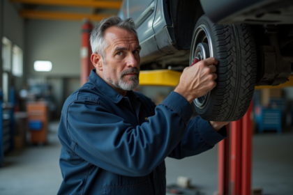 Mécanicien en overalls installant une suspension voiture
