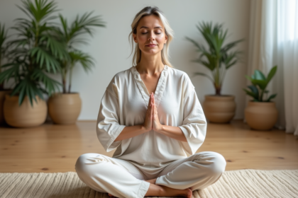 Femme méditant en yoga dans un studio lumineux