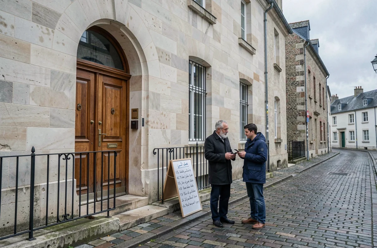 Facade d'une mosquée dans le centre-ville de Rennes avec tableau des horaires de prière affiché à l'entrée