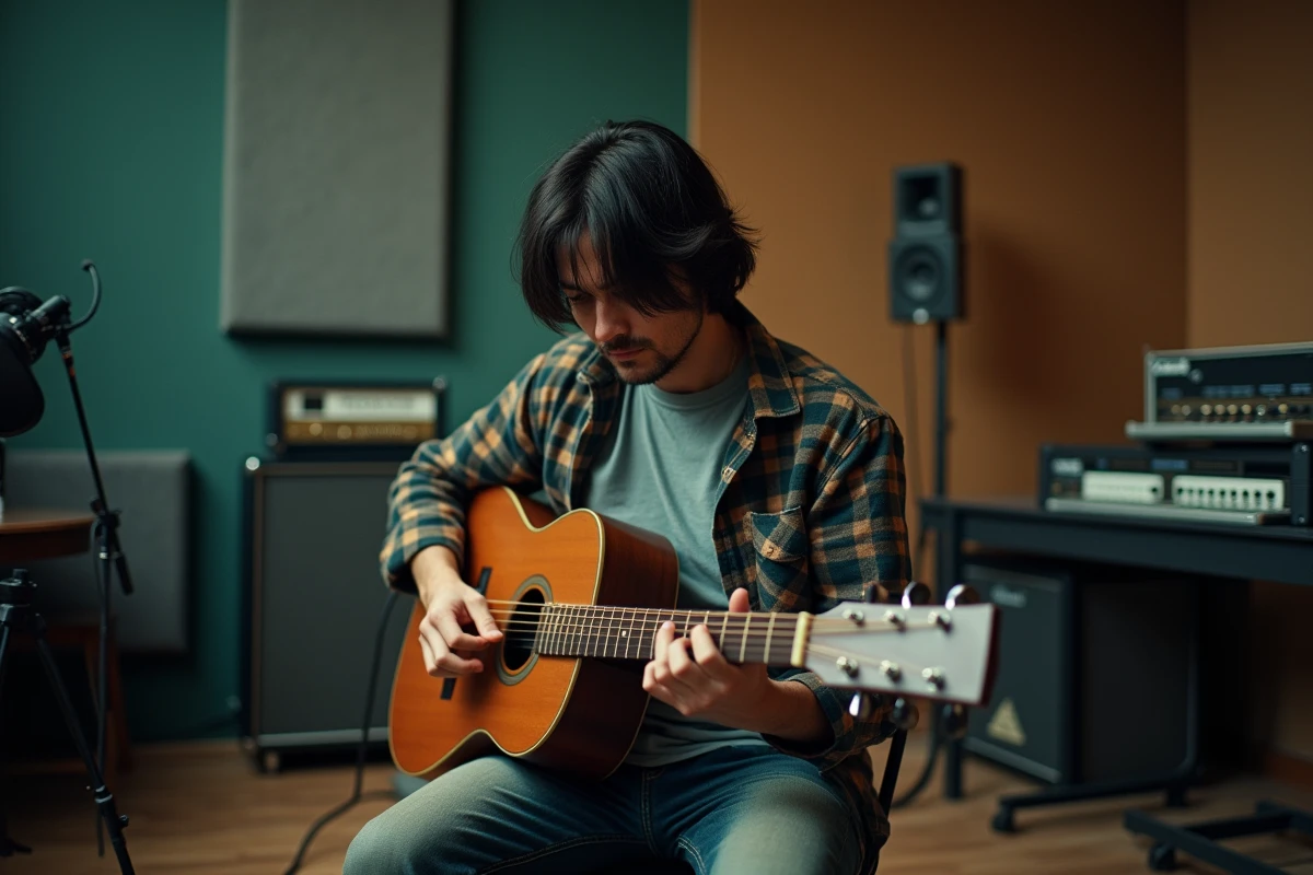 Musicien en studio d'enregistrement jouant de la guitare acoustique dans une salle de prise de son aux panneaux acoustiques