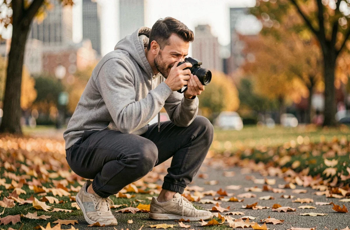 Nano Photographe en action lors d'une séance portrait en extérieur dans un parc urbain en automne