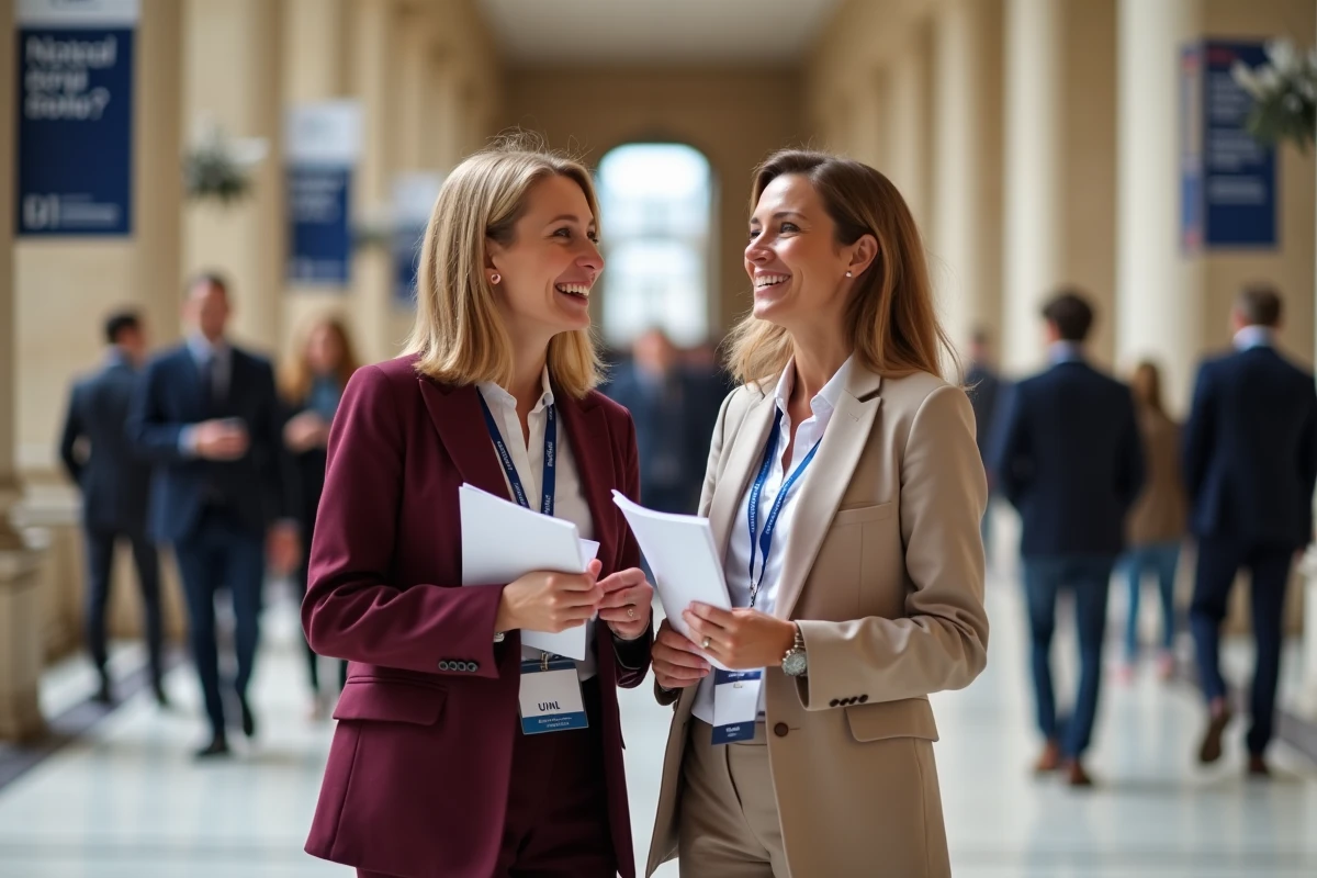Deux notaires internationales en discussion dans le couloir de networking du Congrès UINL Paris avec badges et programmes officiels