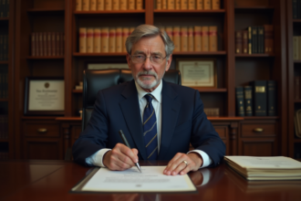 Notaire en costume bleu lisant des documents officiels