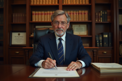 Notaire en costume bleu lisant des documents officiels