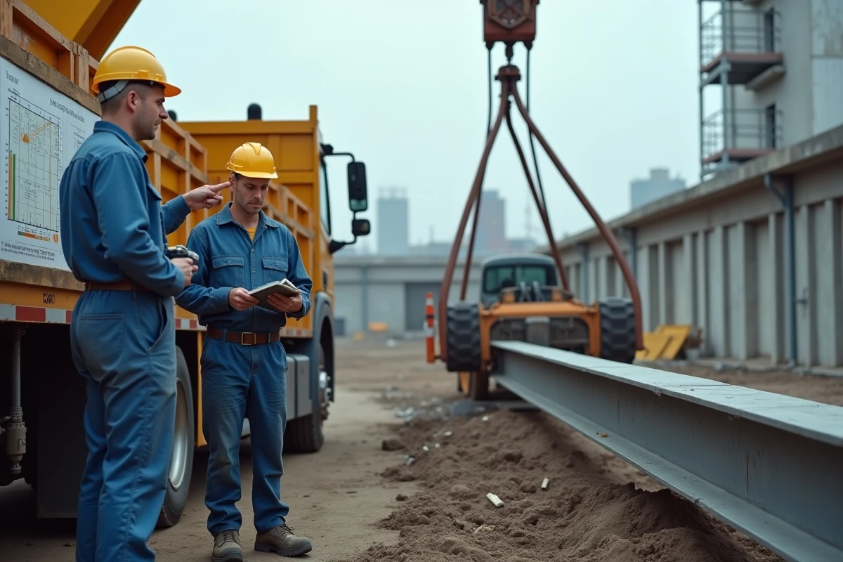 Deux ouvriers du bâtiment consultant un tableau de charge en tonnes sur une grue de chantier lors d'une opération de levage