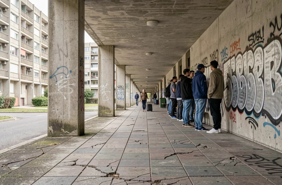 Passage couvert sous une barre d'immeuble au Mirail avec résidents locaux et touriste en transit