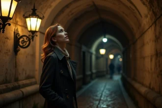 Femme explorant un passage secret souterrain à Paris la nuit, activité insolite parisienne