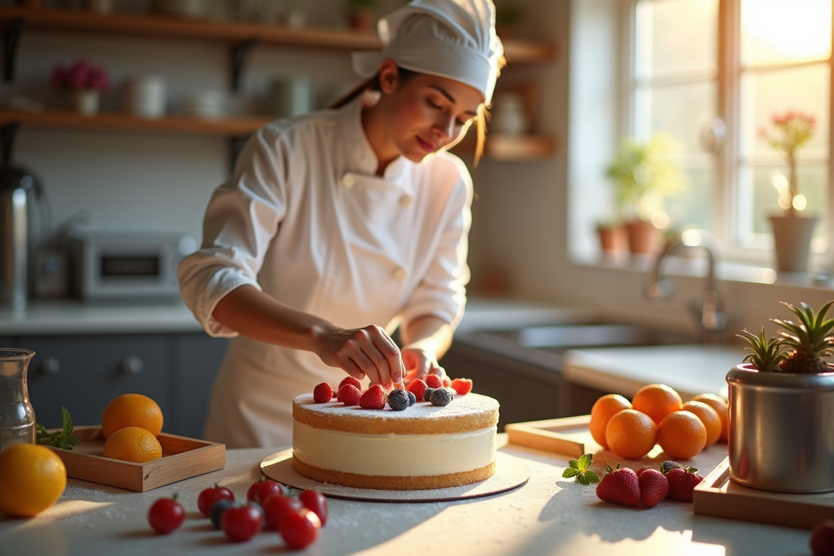 Chef pâtissier décorant un gâteau dans une cuisine ensoleillée