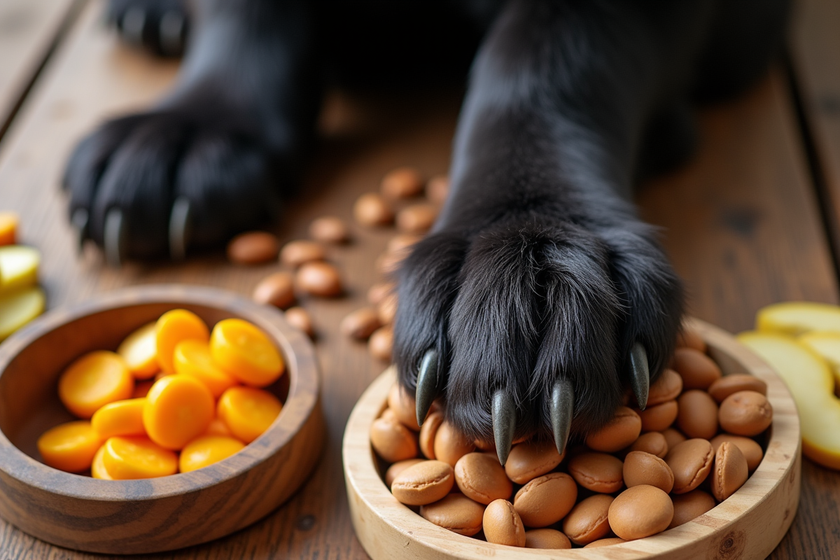 Gros plan d une patte de chien Newfoundland avec nourriture saine