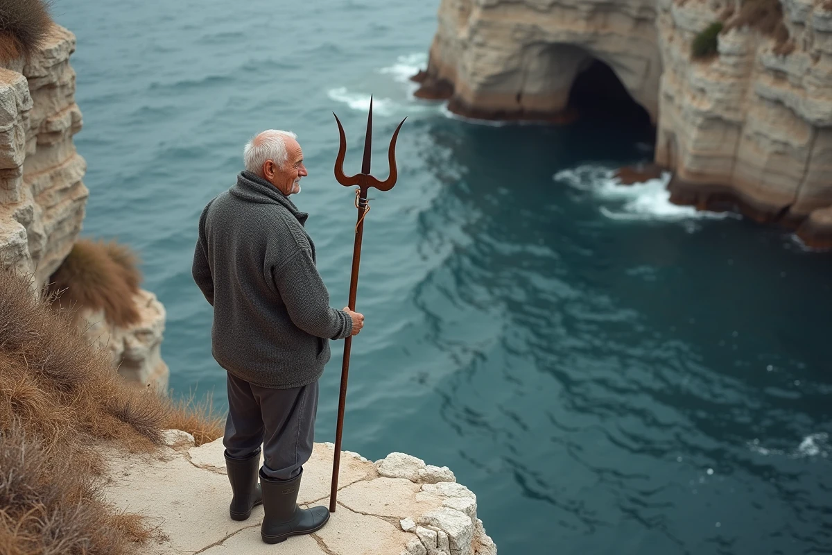 Pêcheur grec âgé tenant un trident debout au bord d'une falaise calcaire surplombant une mer agitée en Grèce