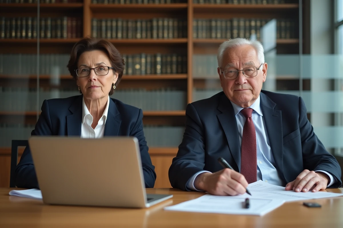 Couple de personnalités publiques discutant de leur procédure judiciaire contre des photographes paparazzi dans un bureau formel
