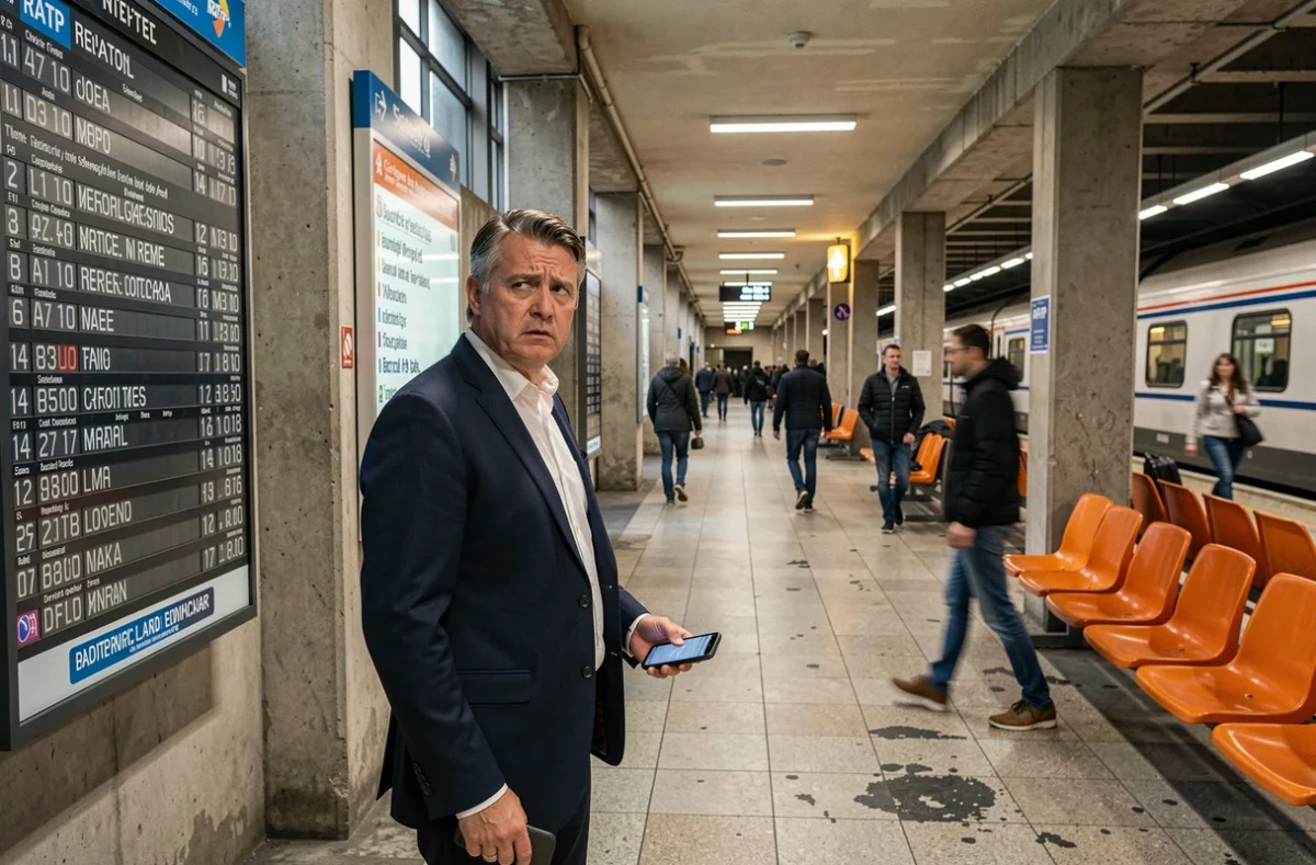 Homme en costume regardant un tableau d'affichage RATP avec une perturbation de service dans une gare RER parisienne