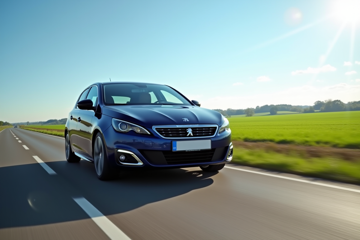 Peugeot 308 en déplacement dans la campagne verdoyante