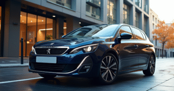 Peugeot 308 neuve sur une rue urbaine moderne en plein jour
