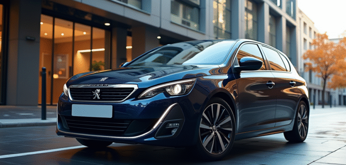 Peugeot 308 neuve sur une rue urbaine moderne en plein jour