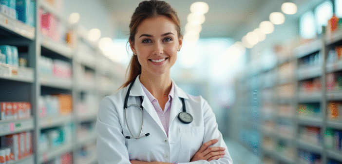 Pharmacienne confiante dans une pharmacie lumineuse