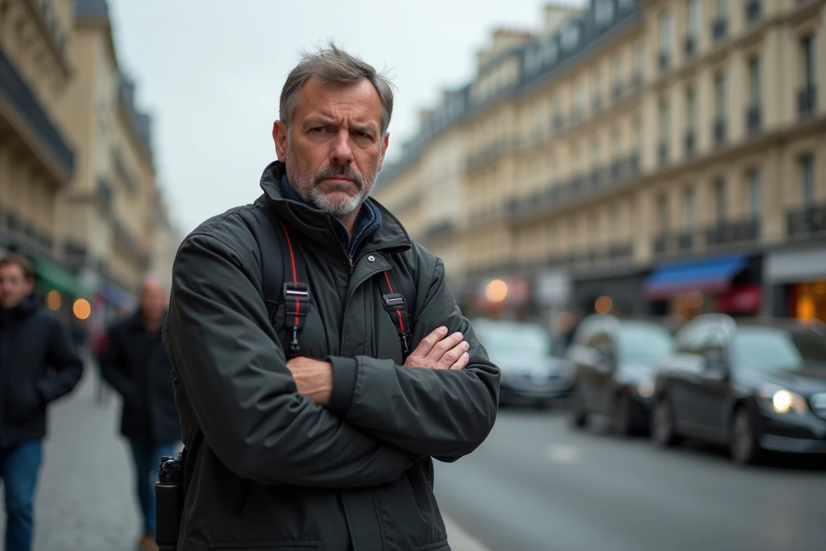 Photographe paparazzi en situation de confrontation dans une rue parisienne lors d'un différend juridique sur le droit à l'image