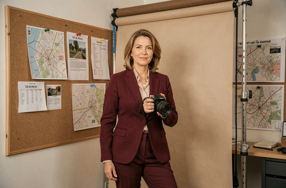 Photographe de PhotoPresta Val-de-Marne dans son studio avec carte de la région et équipement prêt pour une séance