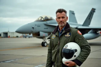 Pilote de chasse en veste de vol G-1 devant un F/A-18 Hornet sur une base aéronavale militaire