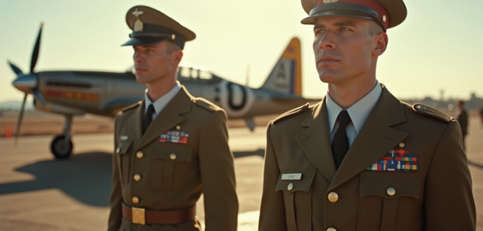 Pilotes raf en uniforme près d'un avion de chasse