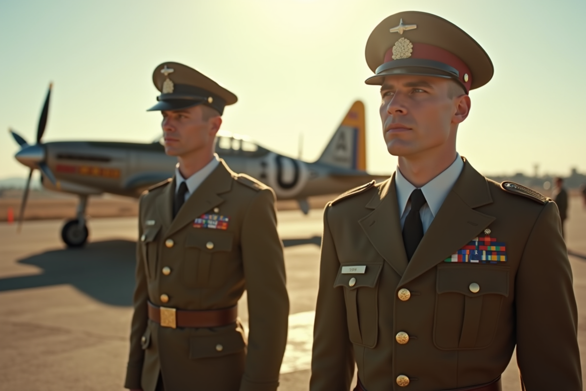 Pilotes raf en uniforme près d'un avion de chasse