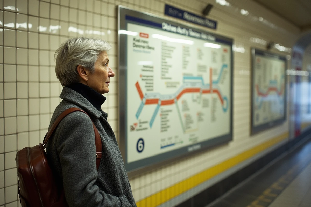 Femme consultant le plan de la ligne 6 du métro parisien affiché sur le mur d'une station