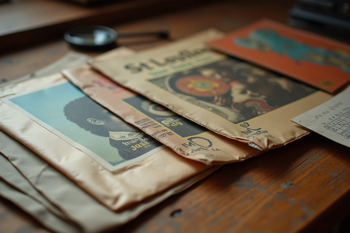 Pochettes de vinyles rares et précieux posées sur une table avec leur cotation manuscrite et une loupe de collection