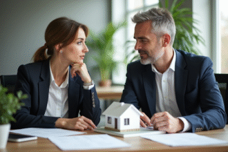 Femme et homme d'affaires en discussion dans un bureau moderne