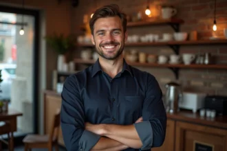 Homme célibataire souriant dans un café urbain, profil masculin attractif pour site de rencontres cougar