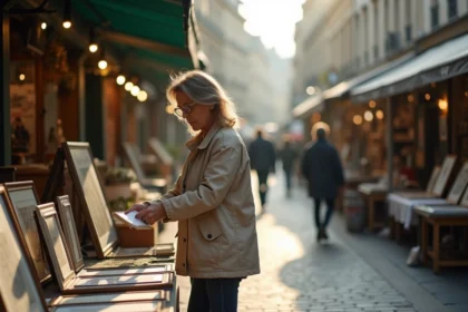 Femme parcourant des gravures vintage sur un étal aux Puces de Vanves tôt le matin