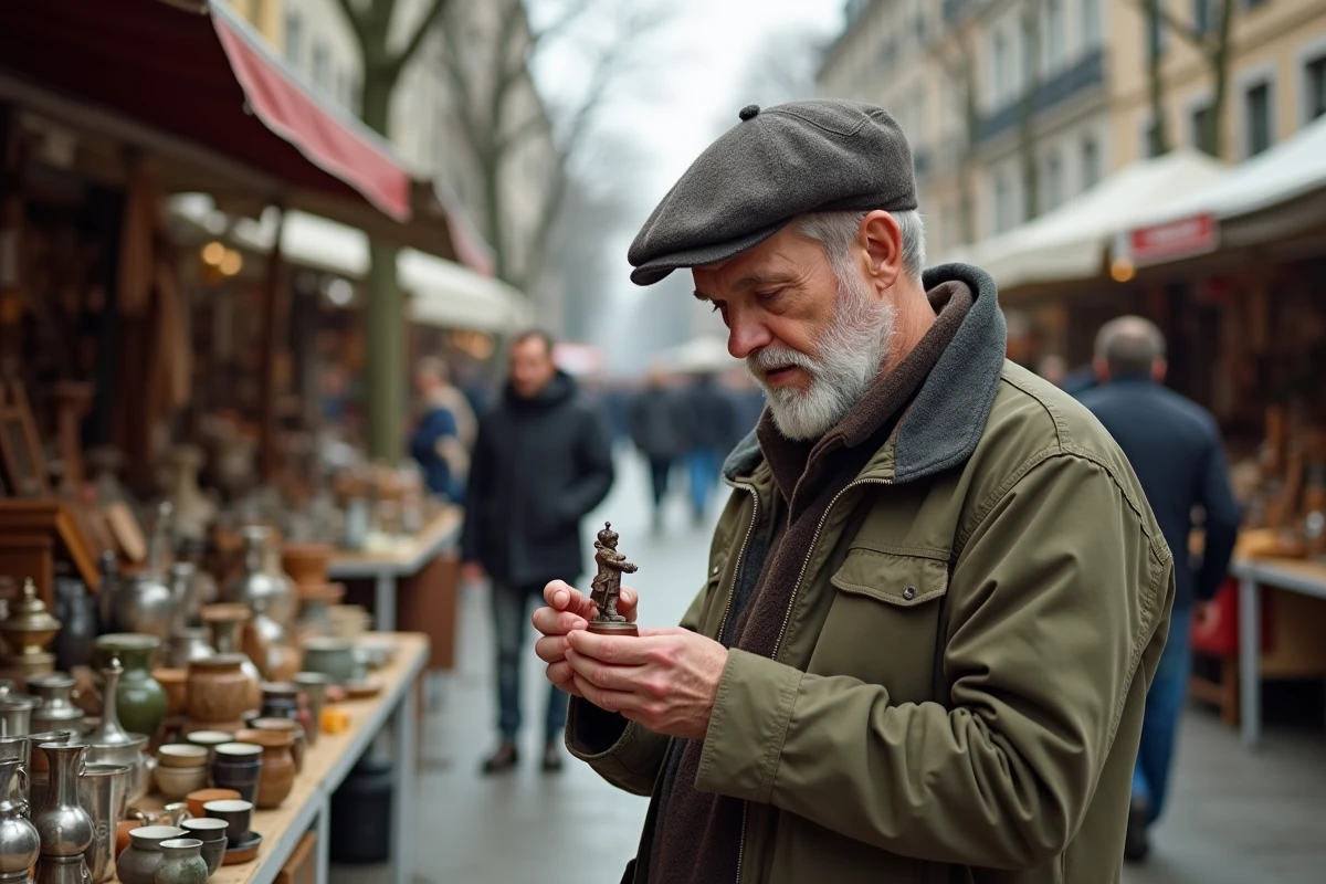 Homme âgé examinant une figurine en bronze sur le marché aux puces de Vanves en milieu de matinée