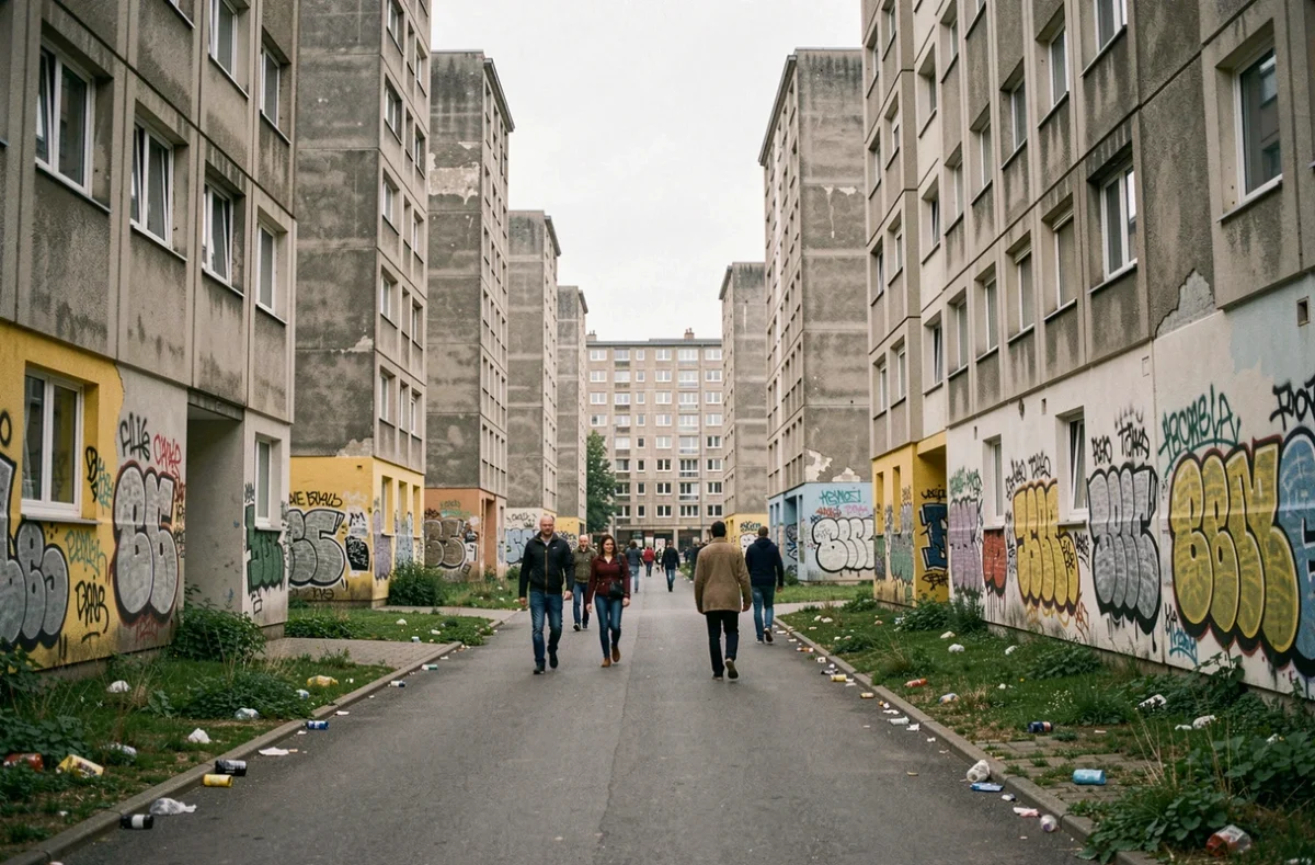 Rue piétonne du quartier du Mirail à Toulouse avec immeubles en béton et ambiance urbaine contrastée