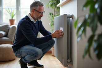 Homme examine un label d'efficacite sur un radiateur moderne