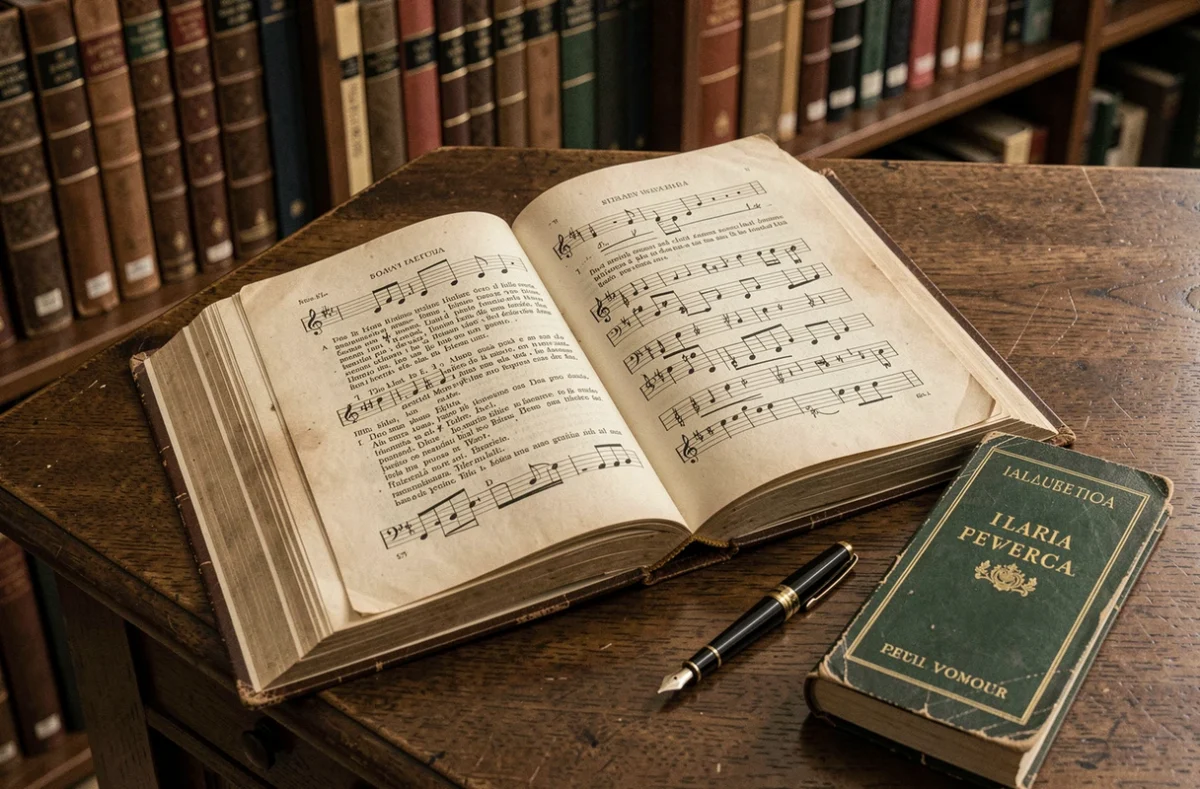 Vieux recueil de chansons italiennes ouvert sur les paroles et partitions de Bella Ciao sur un bureau de bibliothèque