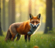 Renard rouge dans la forêt lumineuse avec soleil
