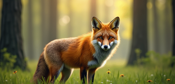 Renard rouge dans la forêt lumineuse avec soleil