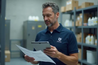 Responsable conformité examinant des documents réglementaires BELMASS dans un entrepôt industriel moderne