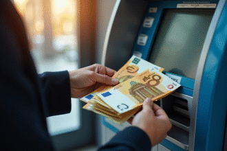 Personne retirant des billets de 50 euros à un ATM moderne