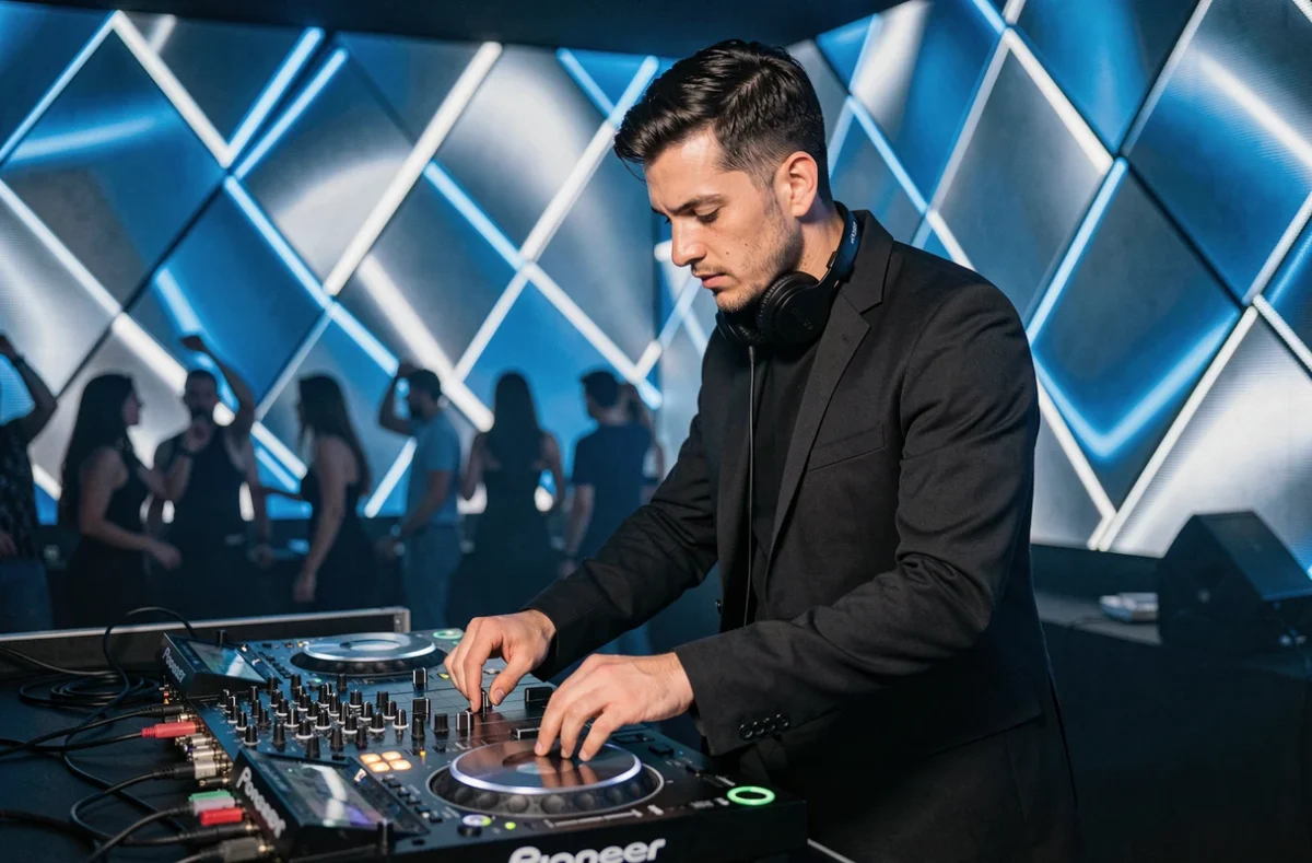 Rolla, DJ électro et tech house, derrière ses platines Pioneer dans un club moderne avec un mur LED géométrique bleu électrique en arrière-plan