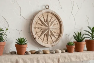Rose des vents décorative en bois sculpté sur mur blanc dans un salon feng shui minimaliste avec plantes et pierres naturelles